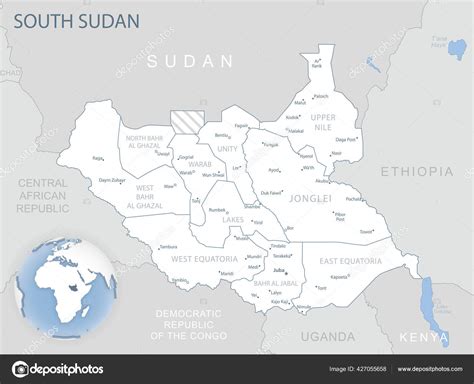 Blue Gray Detailed Map South Sudan Administrative Divisions Location