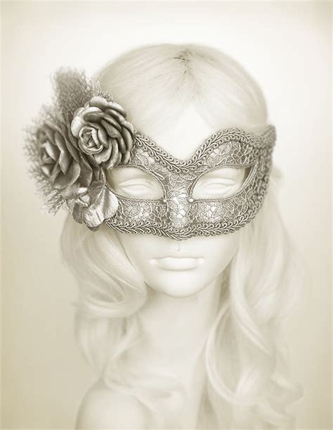 Metallic Silver Masquerade Mask With Fabric Roses Lace Etsy