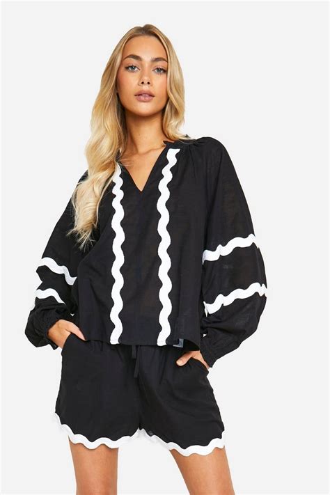 Contrast Trim Linen Look Volume Sleeve Blouse Boohoo Uk