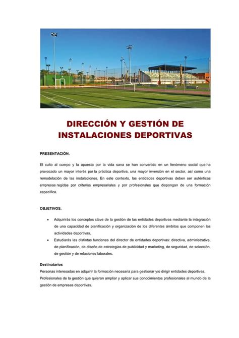 Direcci N Y Gesti N De Instalaciones Deportivas Pdf