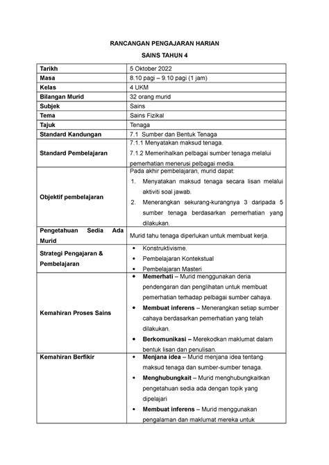 Rancangan Pengajaran Harian Sains Rancangan Pengajaran Harian Sains