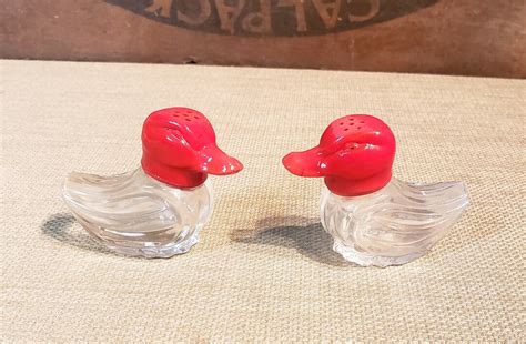 Vintage Glass Ducks Salt And Pepper Red Headed Glass Ducks S And P