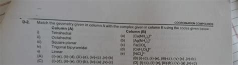 D Coordination Compounds Match The Geometry Given In Column A With