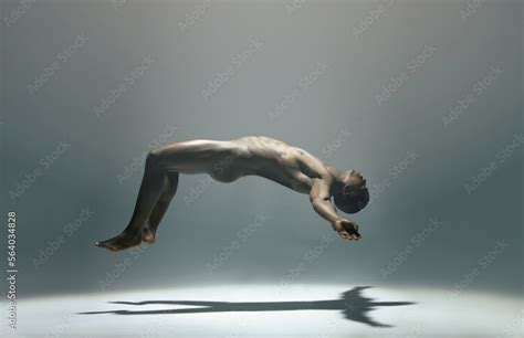 Float Man And Naked Model In A White Background Studio For Creative