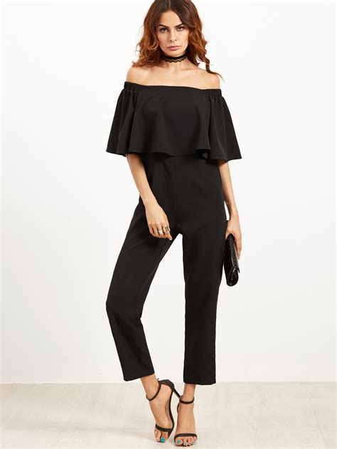 Black Off The Shoulder Ruffle Jumpsuit Shein Sheinside