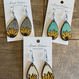 Wood Burned Colorful Sunflower Teardrop Earrings Etsy