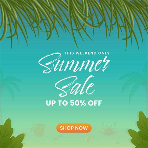 Summer Sale Poster Design With Discount Offer And Green Leaves