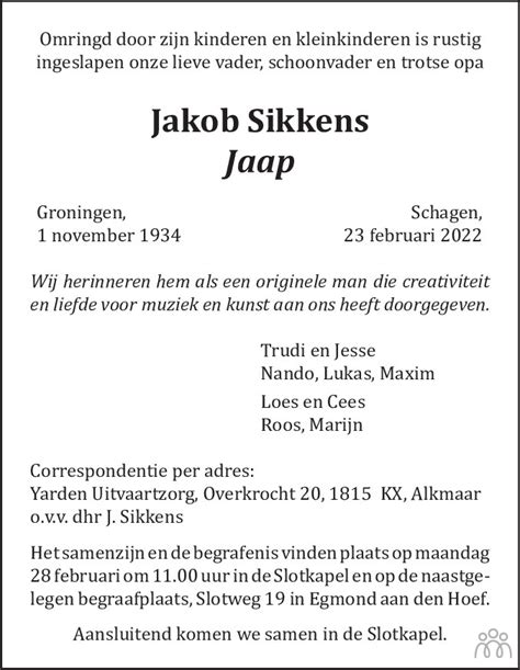 Jakob Jaap Sikkens Overlijdensbericht En Condoleances