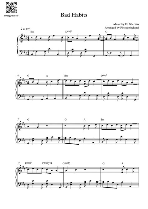 Bad Habits Arr Pineapplechord By Ed Sheeran Sheet Music For Piano