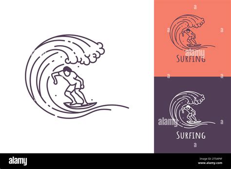 Surfing Line Art Logo Of A Man Surfing In A Rolling Ocean Wave Vector