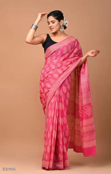 Hand Block Printed Cotton Mul Saree With Blouse Natural Dye Pure