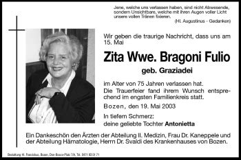 Traueranzeigen Von Zita Bragoni Fulio Trauer Bz