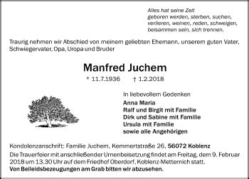 Traueranzeigen Von Manfred Juchem Rz Trauer De