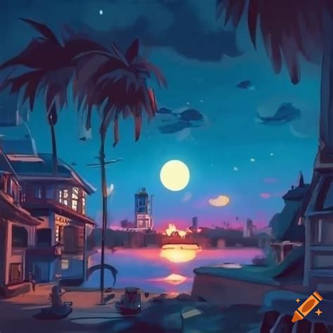 Studio Ghibli Style Beach City At Night With A Nostalgic Summer Vibe On