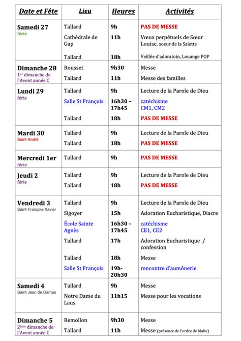 Feuille De Messe Semaine Du Novembre Au D Cembre Paroisse De