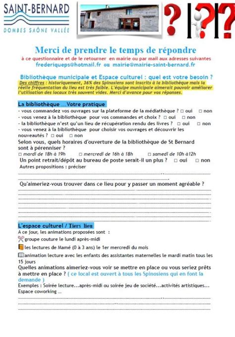 Questionnaire Biblioth Que Mairie De Saint Bernard