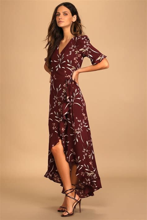 Burgundy Floral Print Dress High Low Dress Wrap Dress Lulus