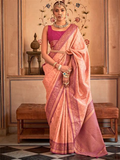 Buy Peach Zari Weaving Silk Festival Wear Saree With Blouse From Ethnic Plus