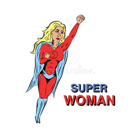 Flying Superwoman Illustration In Red Super Costume With Cloak Stock