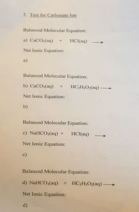 Solved Test For Carbonate Ion Balanced Molecular Equation