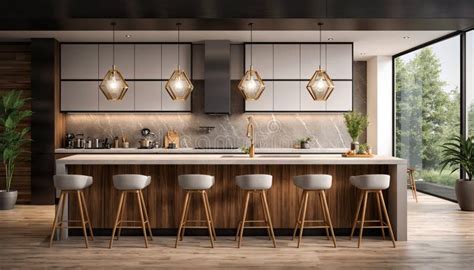 Interior Of Modern Kitchen With Gray Walls Wooden Floor Dark Wooden