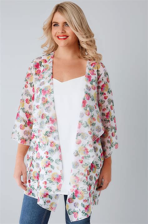 White And Multi Floral Print Chiffon Kimono With Waterfall Front Plus