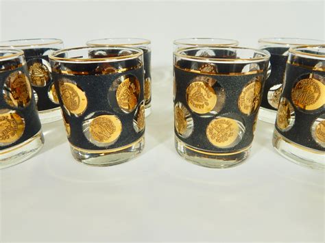 1960s Gold Coin And Black Libbey Glass Set Of Eight At 1stdibs Black And Gold Glass Libbey