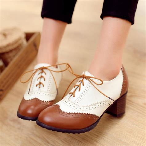 Brown White Baroque Vintage Lace Up High Heels Oxfords Shoes