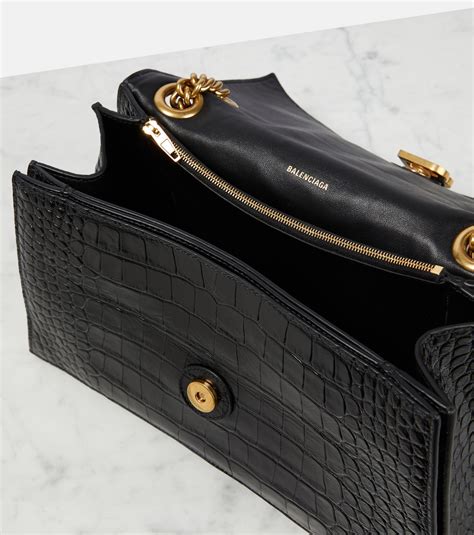 Crush Medium Croc Effect Leather Shoulder Bag In Black Balenciaga