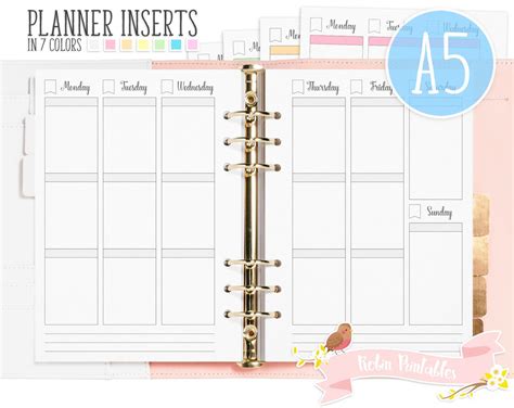 A5 Weekly Planner Printable Binder Inserts Fits Organizers Etsy