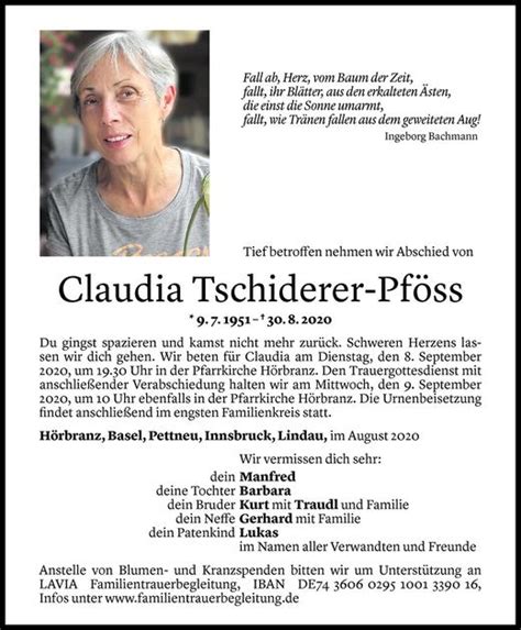 Todesanzeigen von Claudia Tschiderer Pföss Todesanzeigen Vorarlberger