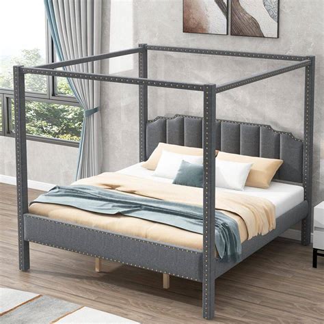 GOJANE Gray Wood Frame King Size Upholstery Canopy Bed With Headboard ...