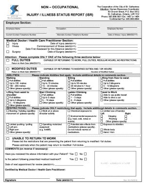 Fillable Online Stcatharines Employee Injuryillness Status Report Isr