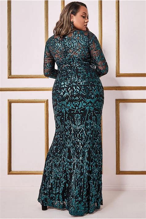 Goddiva Plus Sequin Mesh Embroidered Maxi Dress Emerald