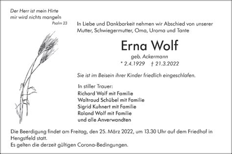 Traueranzeigen von Erna Wolf Südwest Presse Trauer