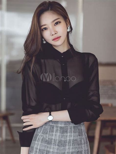 Women Black Blouses Long Sleeve Turndown Collar Chiffon Semi Sheer