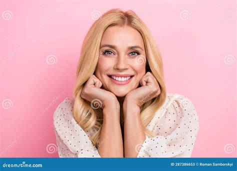 Portrait Of Pleasant Satisfied Cute Woman With Curly Hairdo Wear White