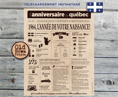 Affiche 1964 QuÉbec Affiche Année De Naissance Anniversaire 60 Ans