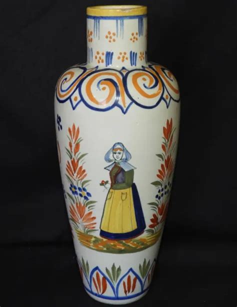 T Grand Beau Vase Ancien Faience De Quimper Henriot Cm Eur