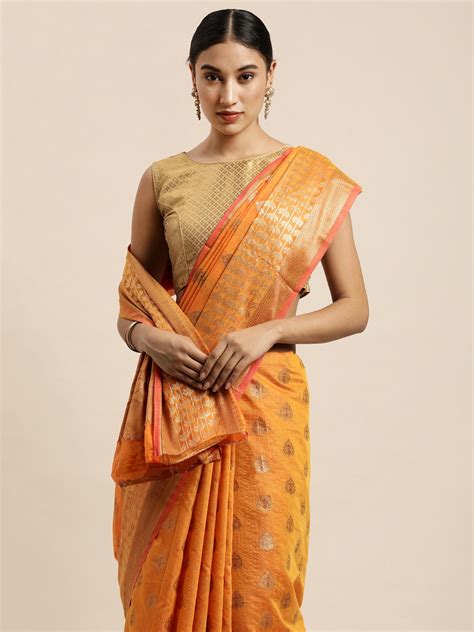 Buy Saree Swarg Mustard Gold Toned Ethnic Motifs Zari Silk Cotton