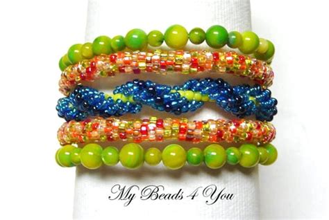 Memory Wire Bracelet Blue Green Seed Bead Wrap Peyote Spiral Etsy