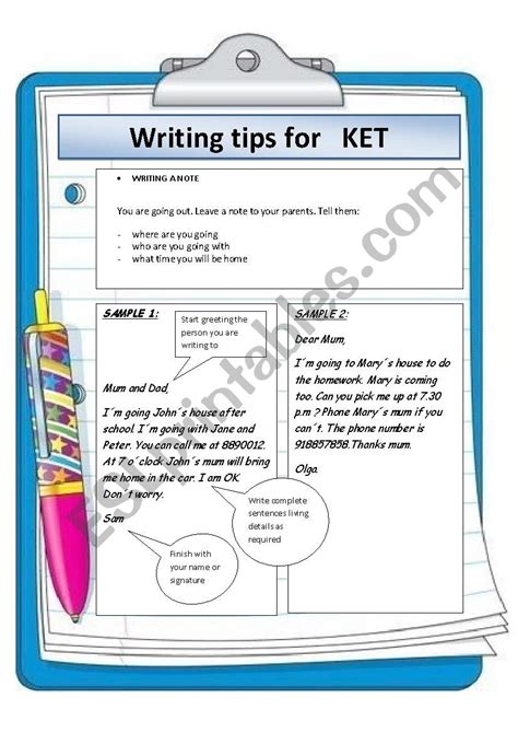 Writinhg Tips For Ket Exam Esl Worksheet By Olgarero