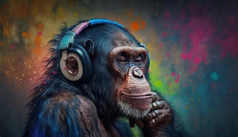 Premium AI Image Chimpanzee Wearing Headphones And Listening To Music