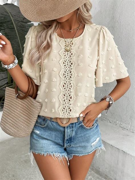 Shein Lune Swiss Dot Contrast Guipure Lace Butterfly Sleeve Blouse