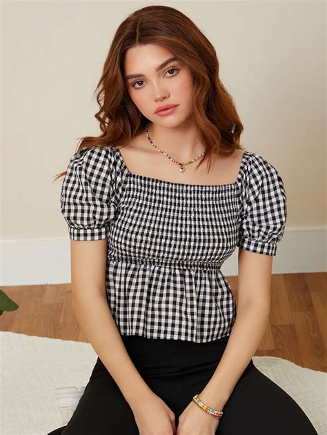 Shein Gingham Print Ruffle Hem Blouse White Tops Outfit Ruffle Hem