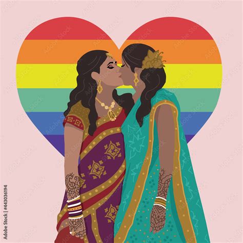 Indian Lgbtqqueerlesbian Women Kissing Wearing Traditional Indian