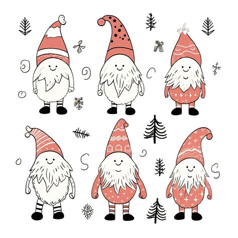 Cute Christmas Scandinavian Gnomes Linear Hand Drawing Doodle Gnome