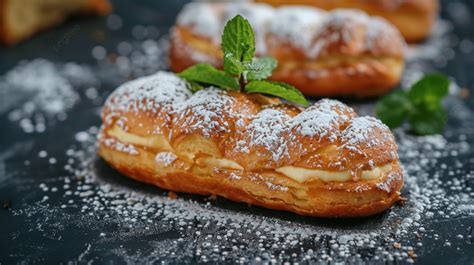 Baked Custard Eclairs And Sprinkled With Powdered Sugar And Decorated With A Mint Leaf