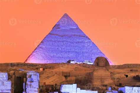 Giza Pyramid And Sphinx Light Show At Night Cairo Egypt