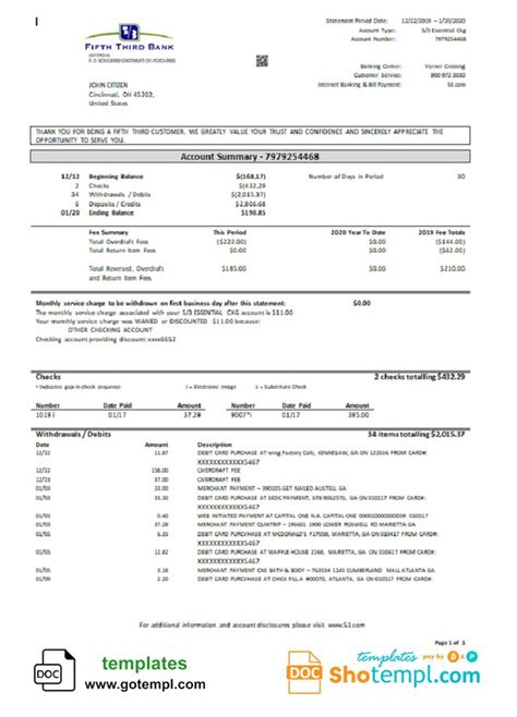 Usa Fifth Third Bank Statement In Word And Pdf Doc And Pdf Format Good For Address Prove